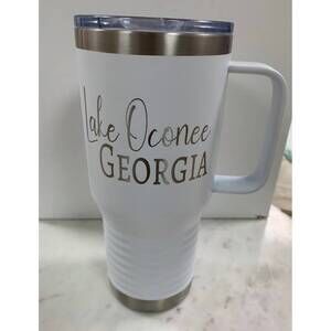 NEW TOWN PRIDE lake oconee handled travel mug in white w/ silver text